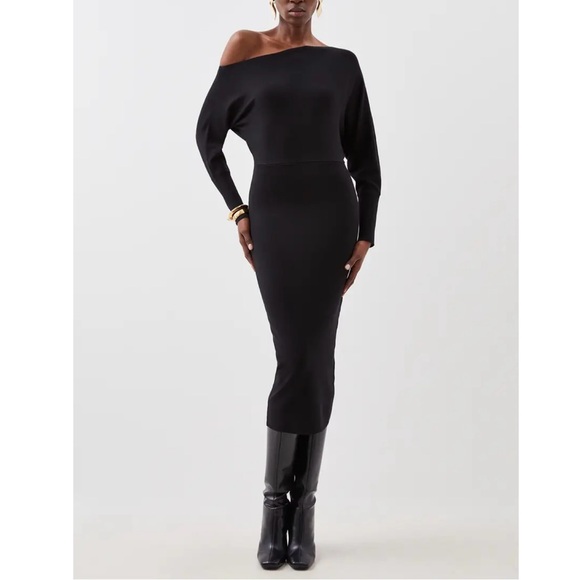 Karen Millen XL Asymmetrical Off Shoulder Knit Midi Dress Black